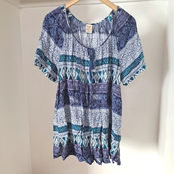 Faded Glory | Blue bohemian style t shirt with front tassel tie ups - Picture 3 of 11